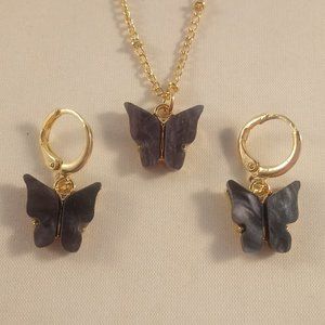 Gold Plated Black Opal Resin Butterfly Earrings Pendant Necklace Set 18" Gift